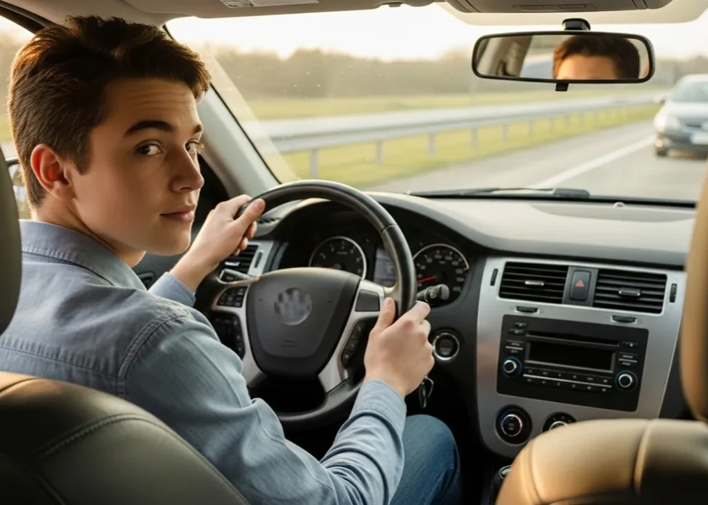 male driver looking over shoulder changing lanes