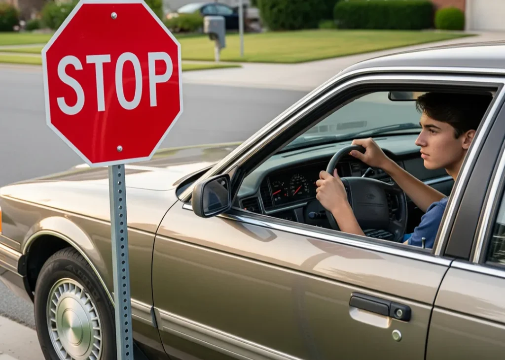 teen driver complete stop at sign
