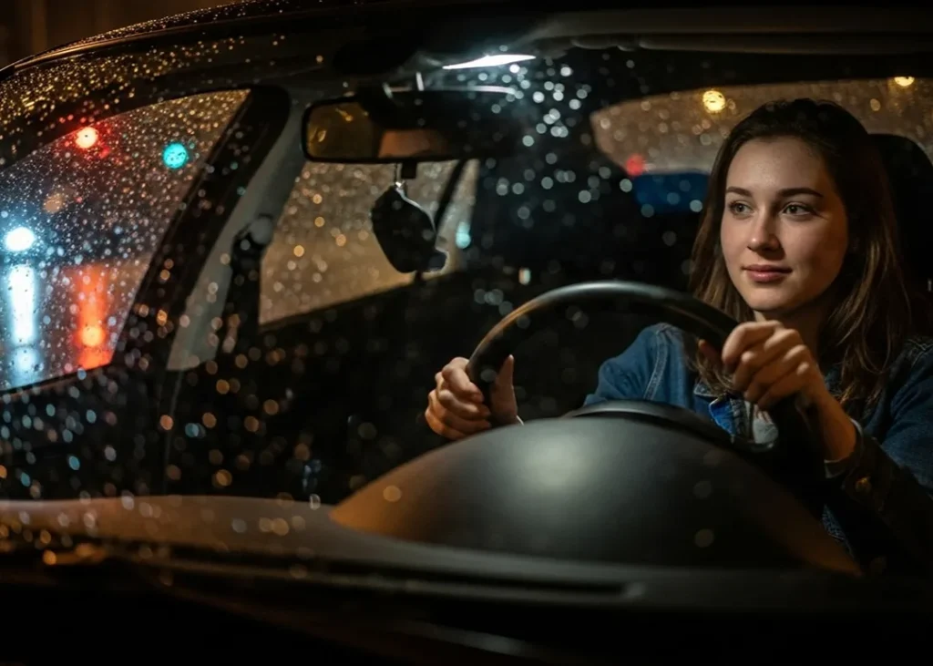 young female driver driving in rain at night