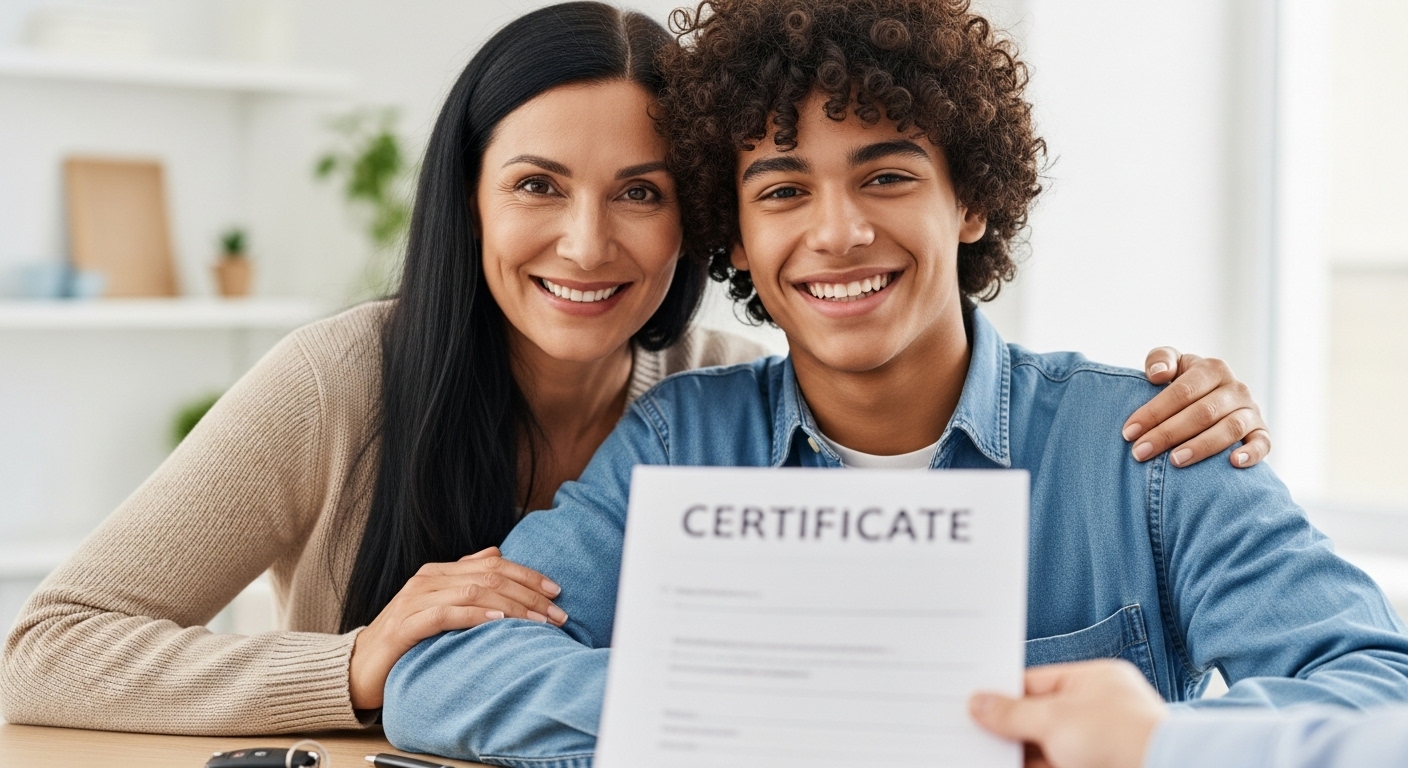 proud mother and son with magnolia driving academy certificate