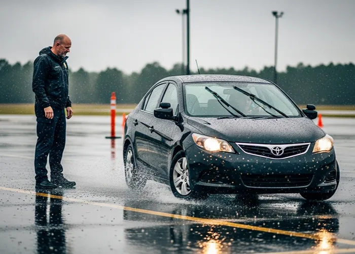 rainy driving clinic with officer instructor