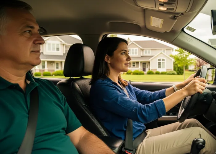 adult woman driving lesson with instructor