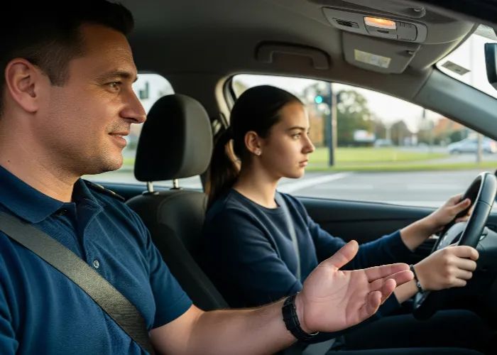 driving instructor guides young student