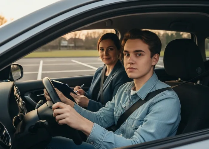 young driver awaits driving test with instructor
