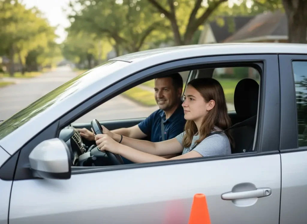 teenage driver sits in drivers seat compact car