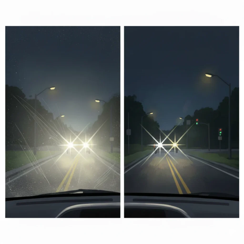 dirty vs clean windshield night driving
